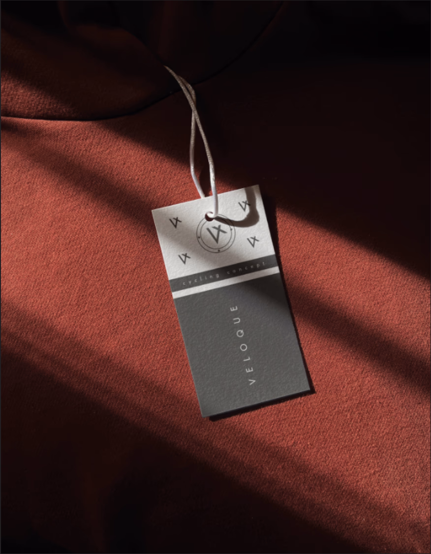 VELOQUE clothing label, woven inner label with monogram and garment metadata