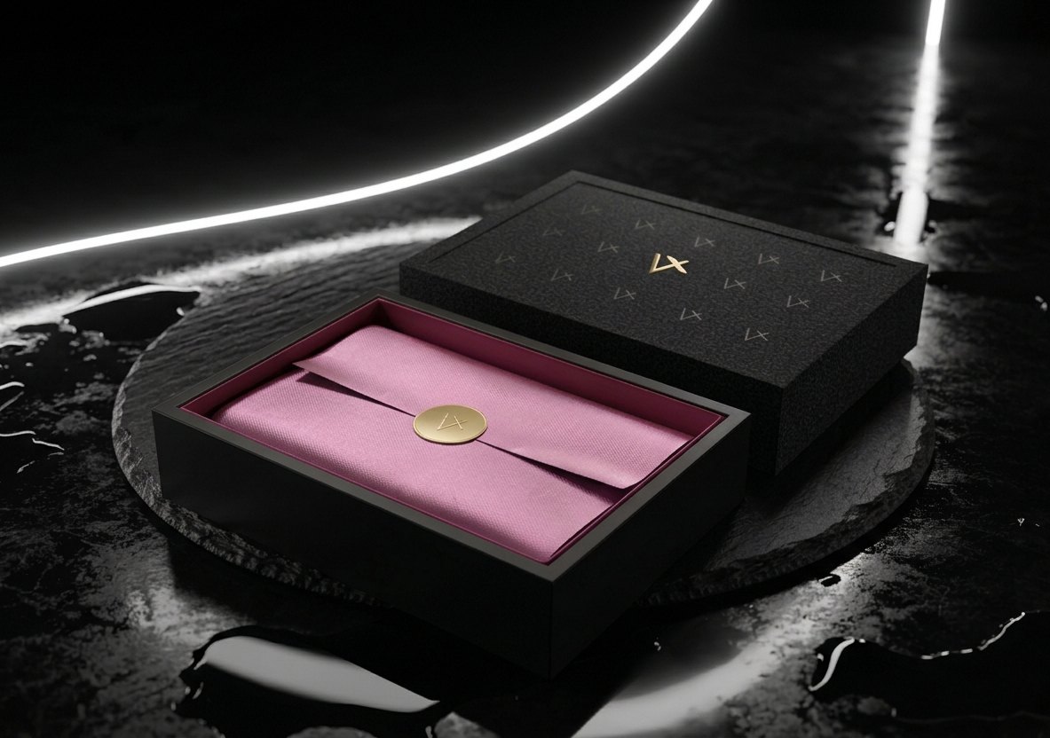 VELOQUE packaging interior, patterned rice-paper bed with the folded garment inside the open box