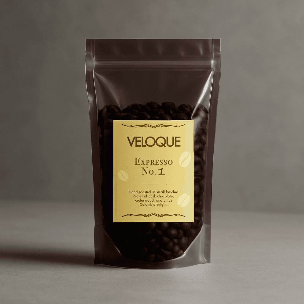 VELOQUE Espresso No. 1 coffee bag, dark pouch with a gold label