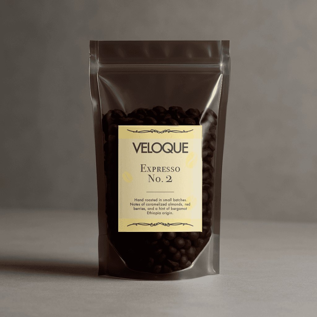 VELOQUE Espresso No. 2 coffee bag, dark pouch with a cream label