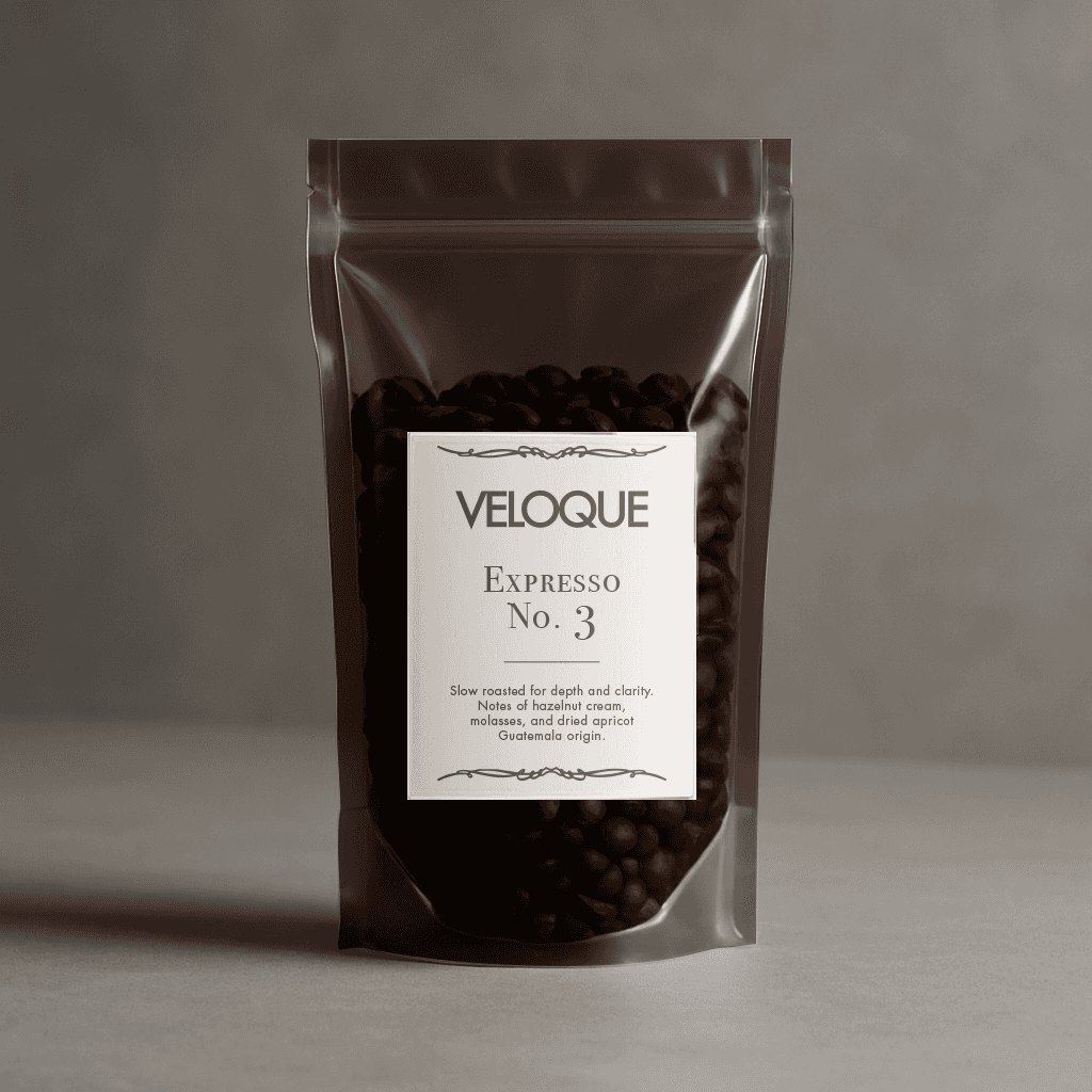 VELOQUE Espresso No. 3 coffee bag, dark pouch with a ivory label