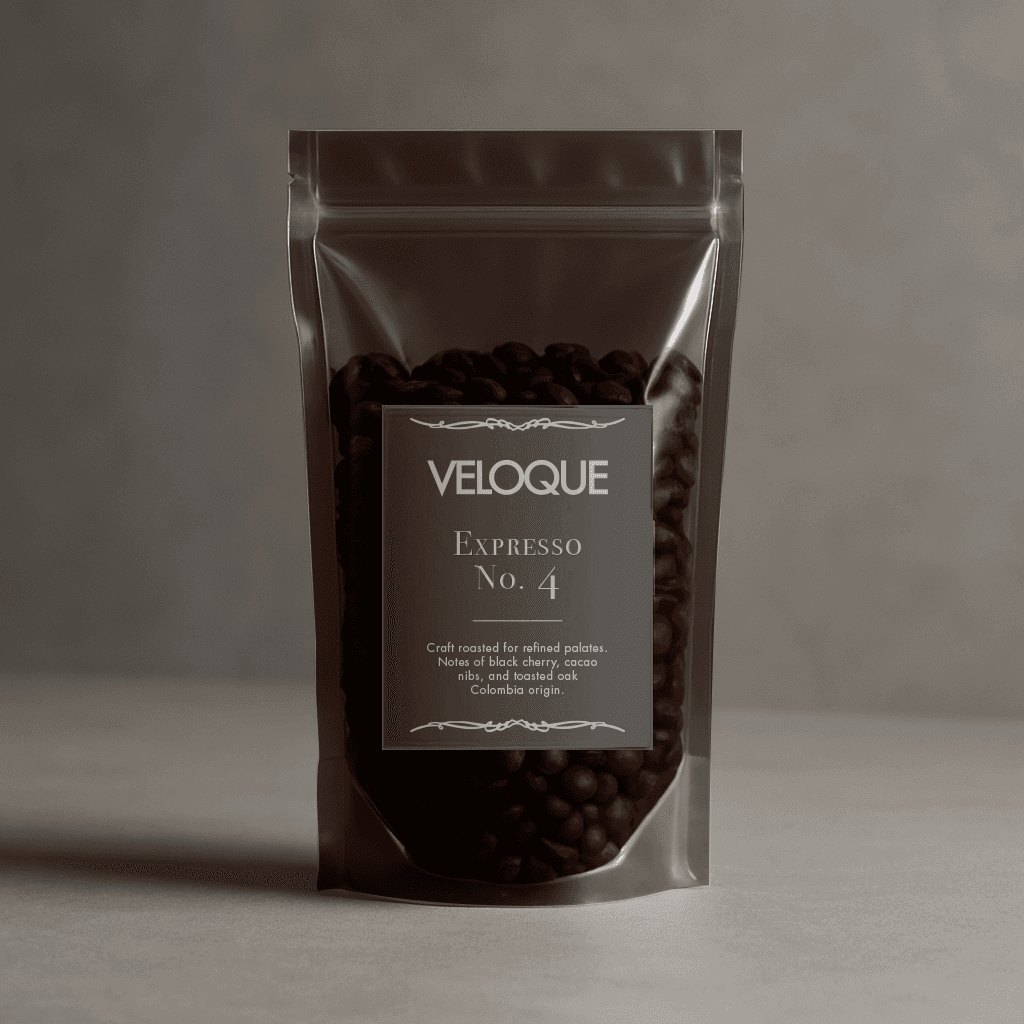 VELOQUE Espresso No. 4 coffee bag, dark pouch with a stone label