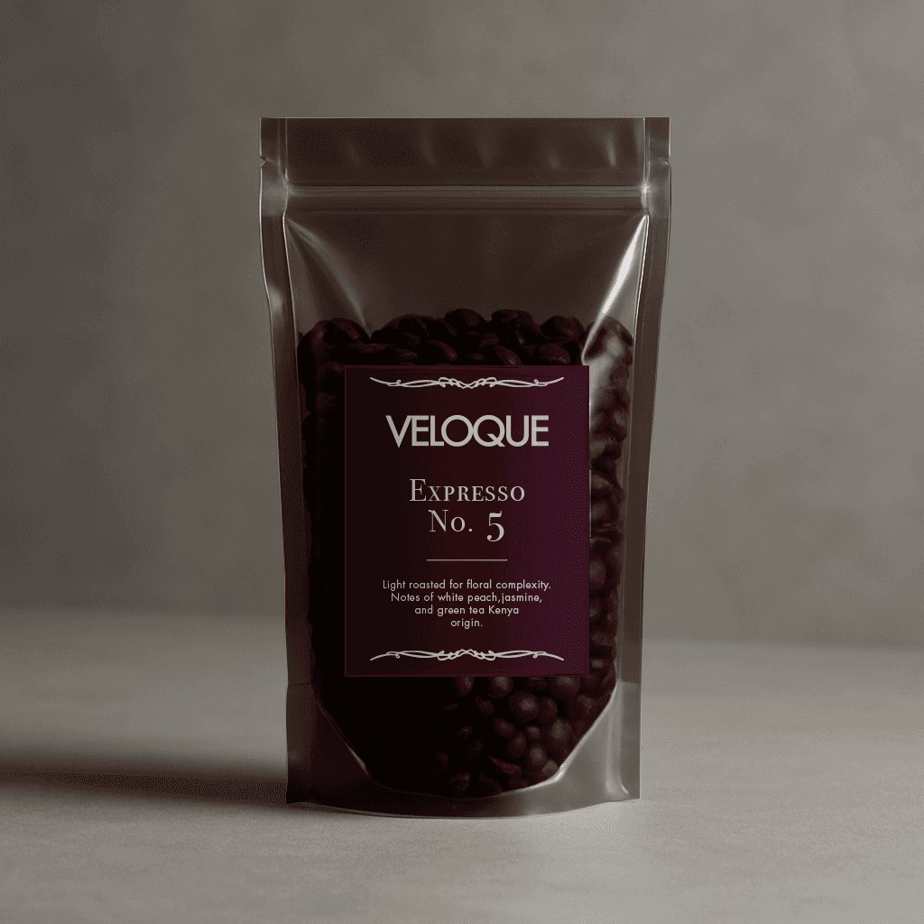 VELOQUE Espresso No. 5 coffee bag, dark pouch with a burgundy label