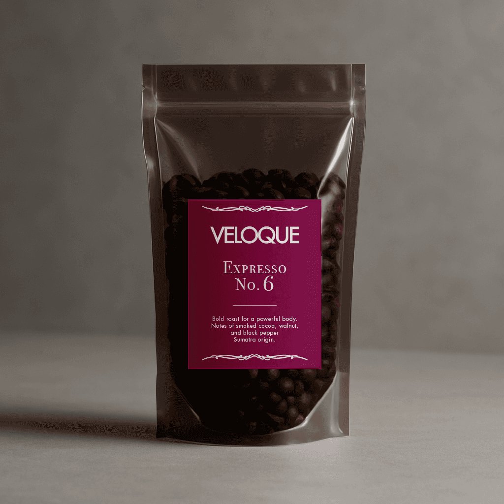 VELOQUE Espresso No. 6 coffee bag, dark pouch with a magenta label