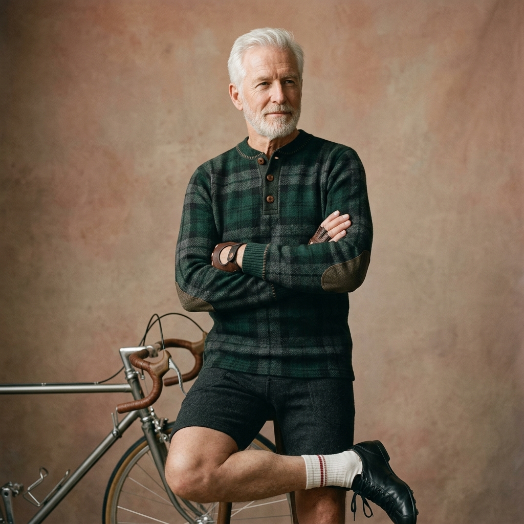 Portrait of the Cycling Sage persona, a senior cyclist in heritage-inspired classic wide-cut kit