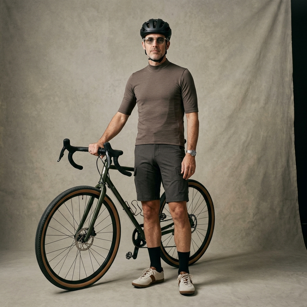 Portrait of the Engaged persona, an experienced cyclist in modernised old-money minimalist gravel style