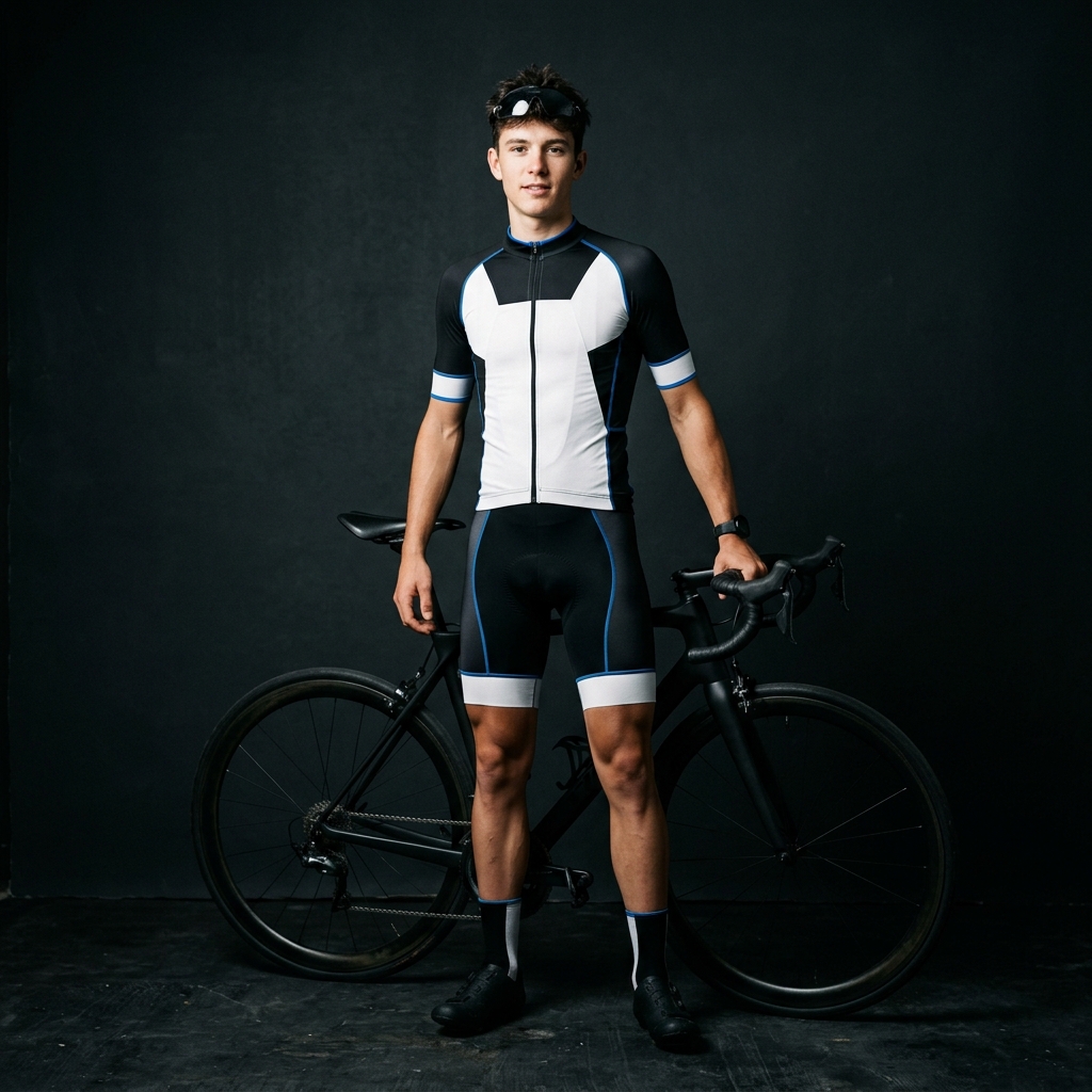 Portrait of the Enthusiasts persona, a young racing-oriented cyclist in bold streetwear-influenced kit