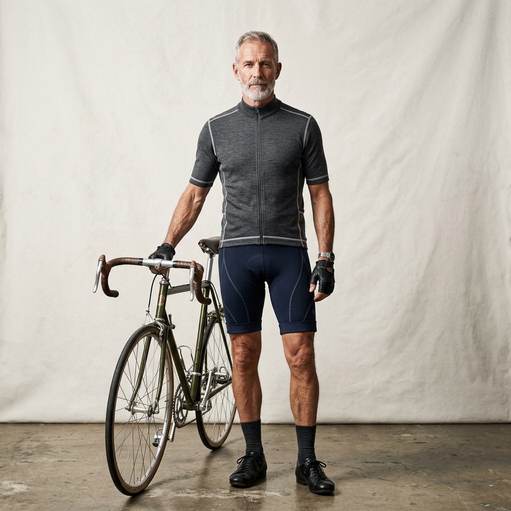 Portrait of the Experienced persona, a veteran cyclist in classic elegant luxury cycling attire