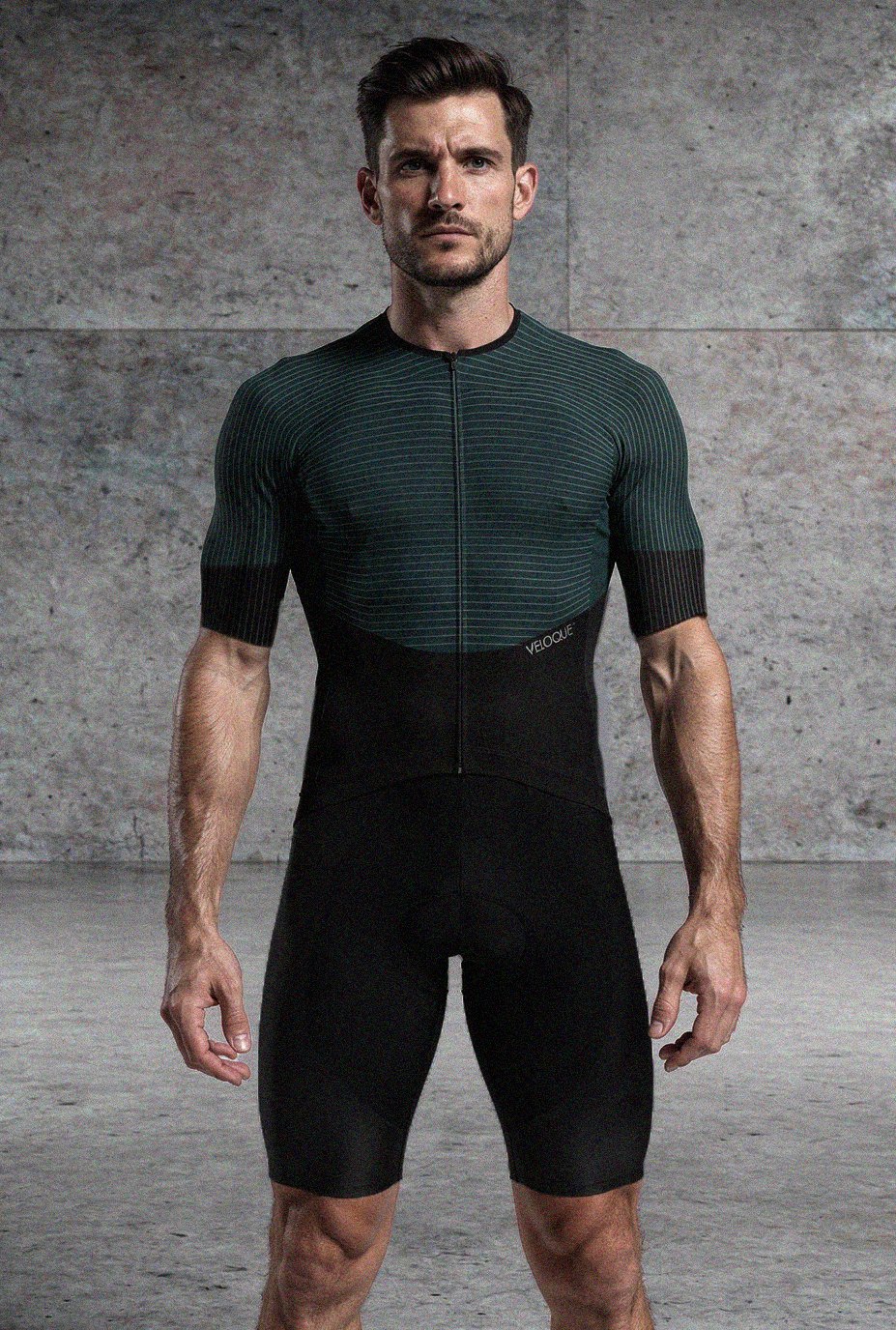 VELOQUE Aero skinsuit in a dark green limited-drop colourway, front view