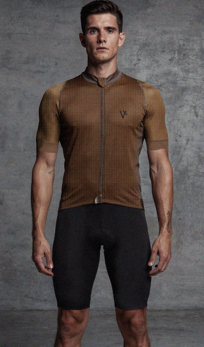VELOQUE Endurance jersey in a sienna limited-drop colourway with black Essentials bib shorts