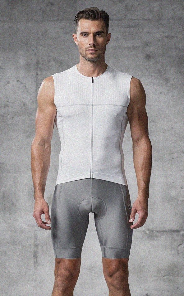 VELOQUE white Essentials gilet with grey bib shorts, front view