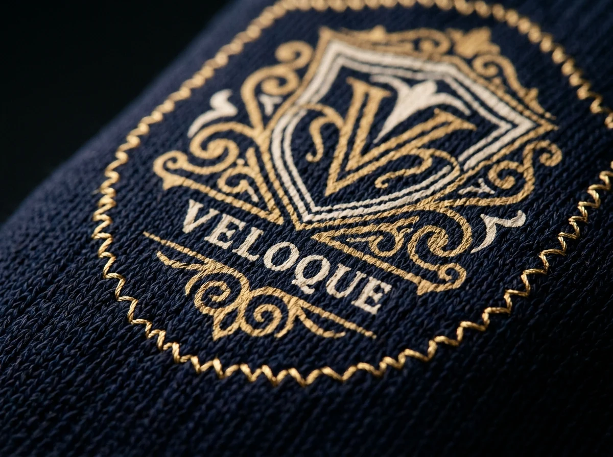 Macro detail of VELOQUE eco-solvent printed emblem integrated into the knit fabric