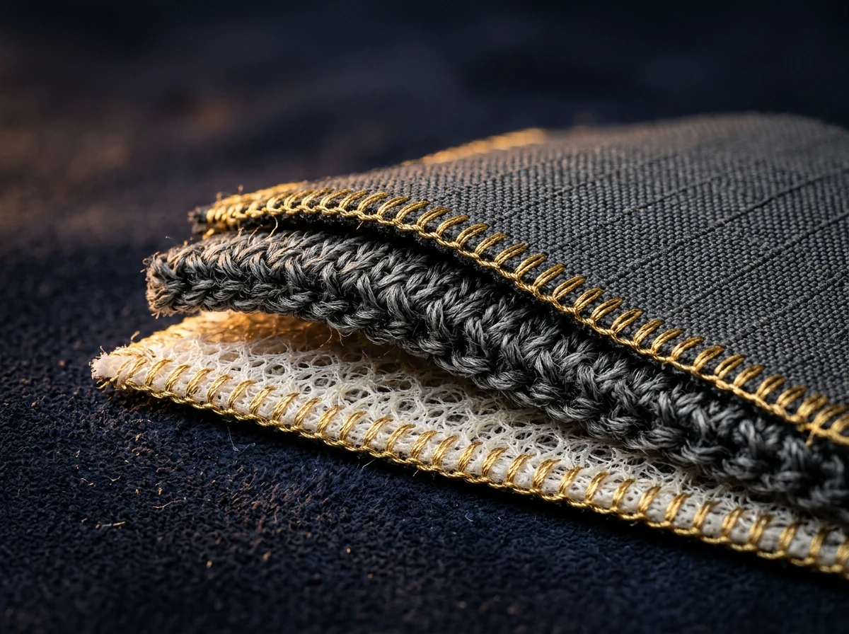Macro detail of VELOQUE LAYERS TECH multi-layer fabric construction, hand-finished edge in gold thread