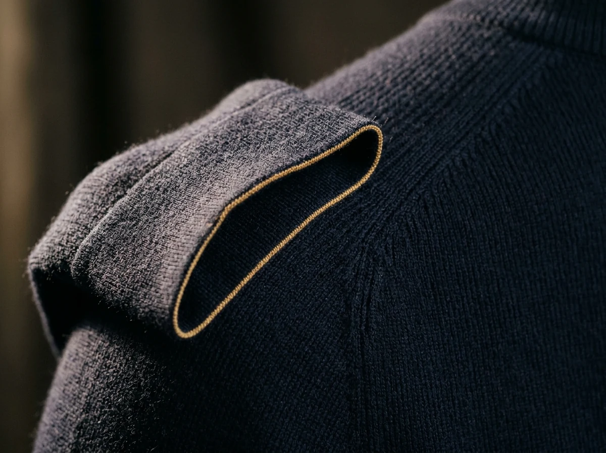 Macro detail of VELOQUE seamless flatlock knit construction at the shoulder seam