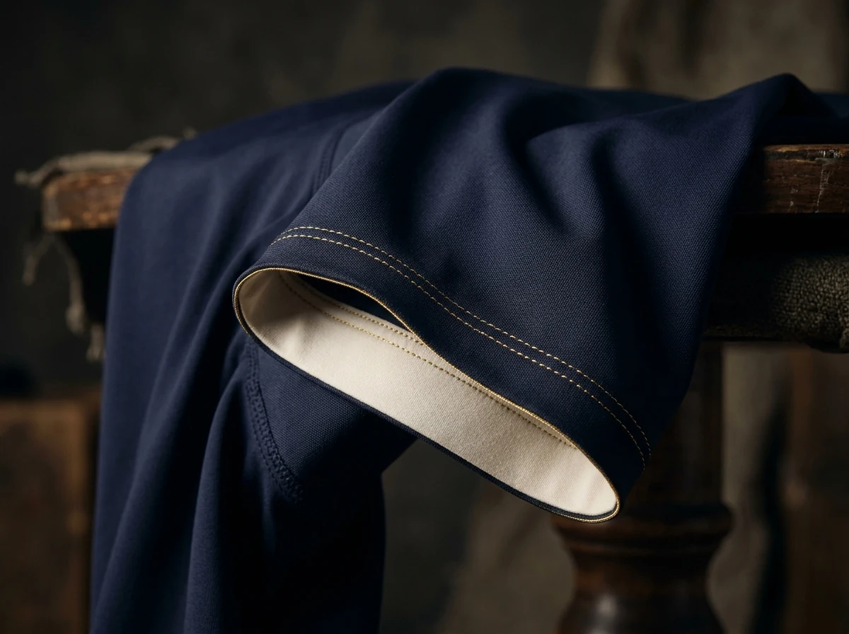 Macro detail of VELOQUE silicone-free anatomical hem construction with gold compression stitching