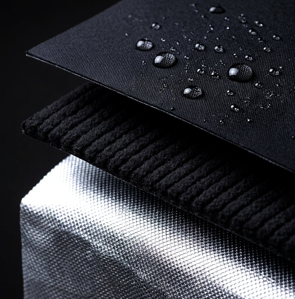 Bonded fabric layers of VELOQUE LAYERS TECH: water-repellent outer shell, brushed thermal mid layer and reflective inner face