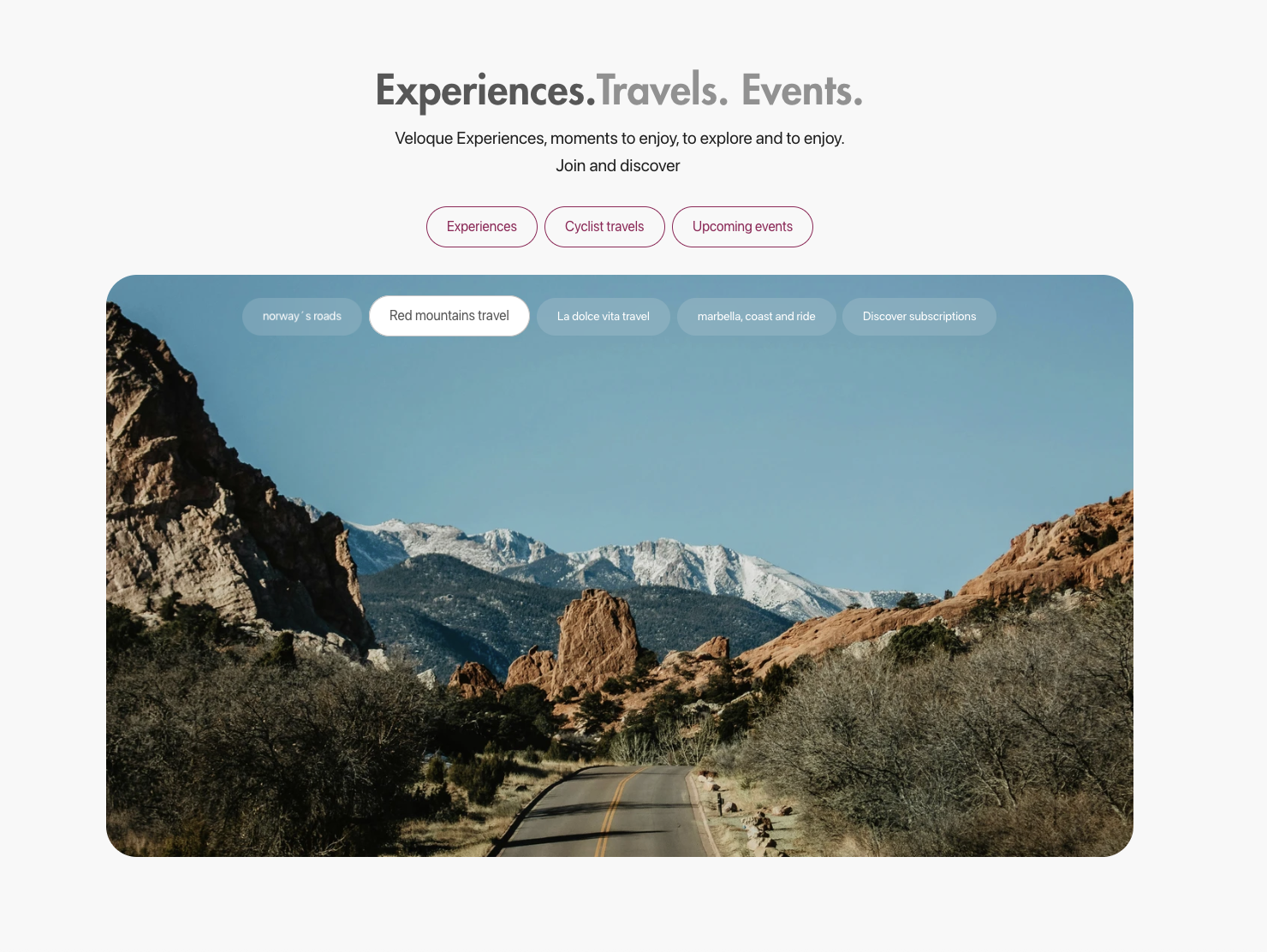 VELOQUE experiences section — rides, events, travels