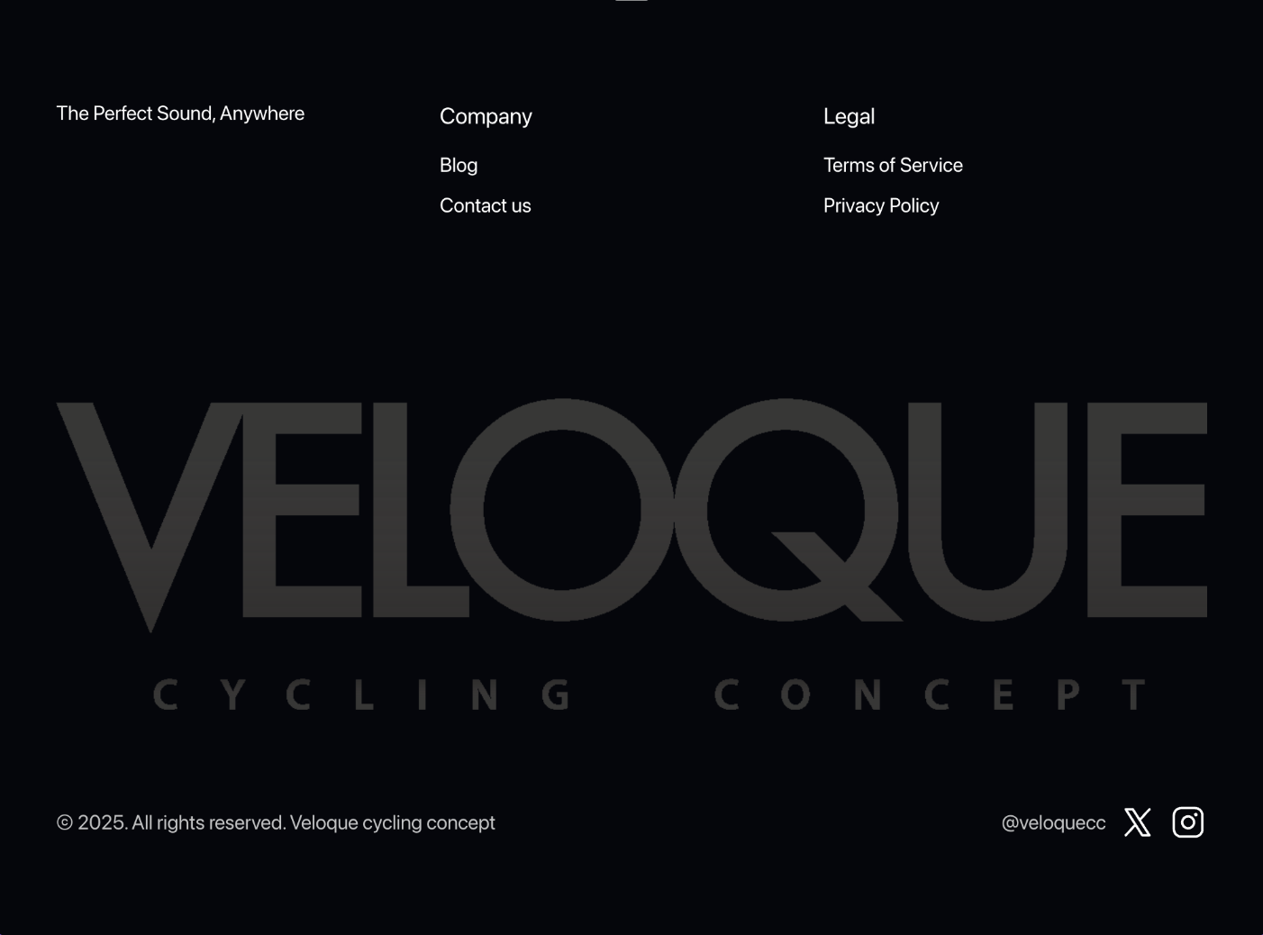 VELOQUE footer — closing editorial moment, two-column density