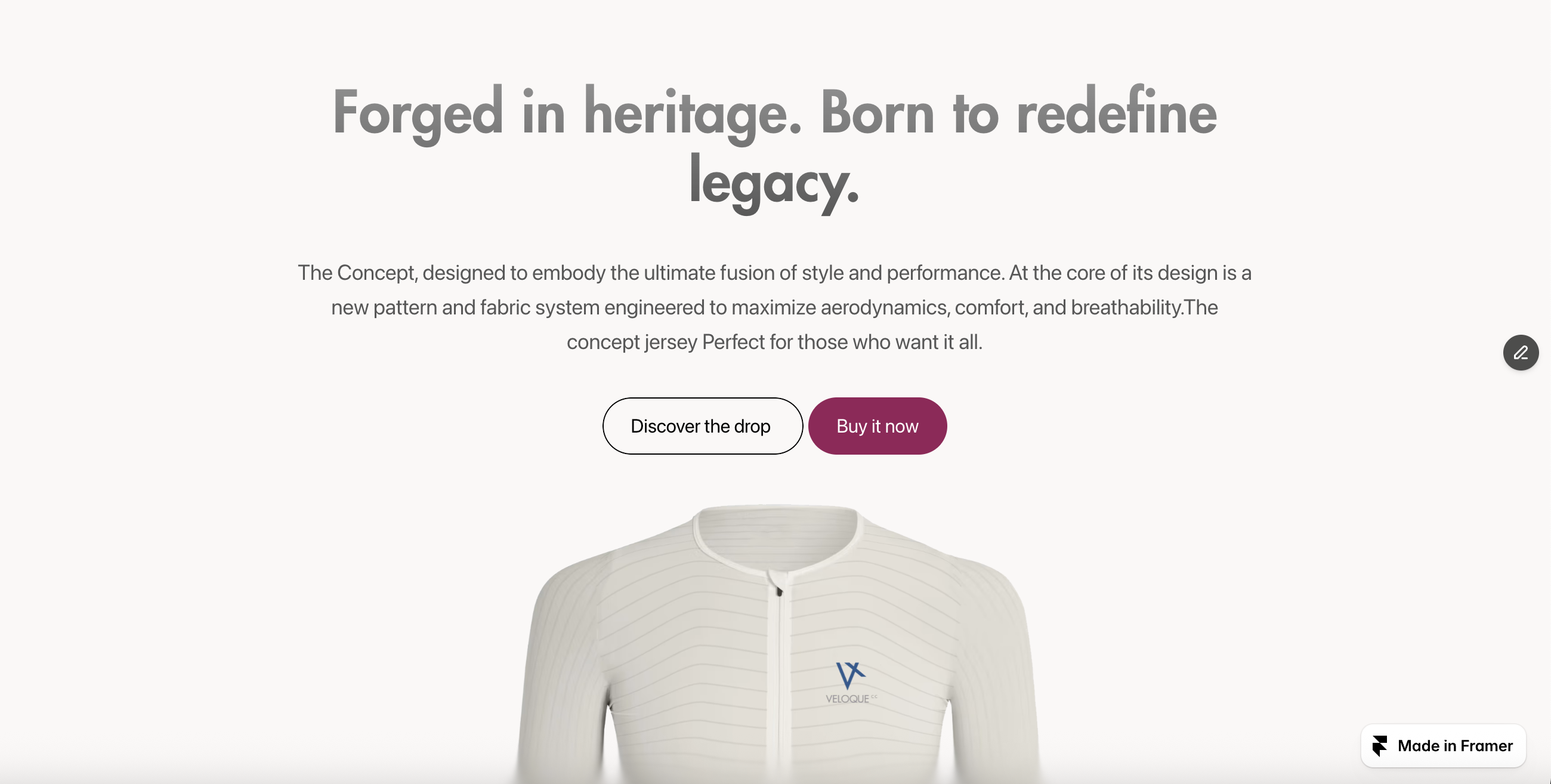 VELOQUE homepage hero — a single relevant product, implied diagonal lines incite the scroll