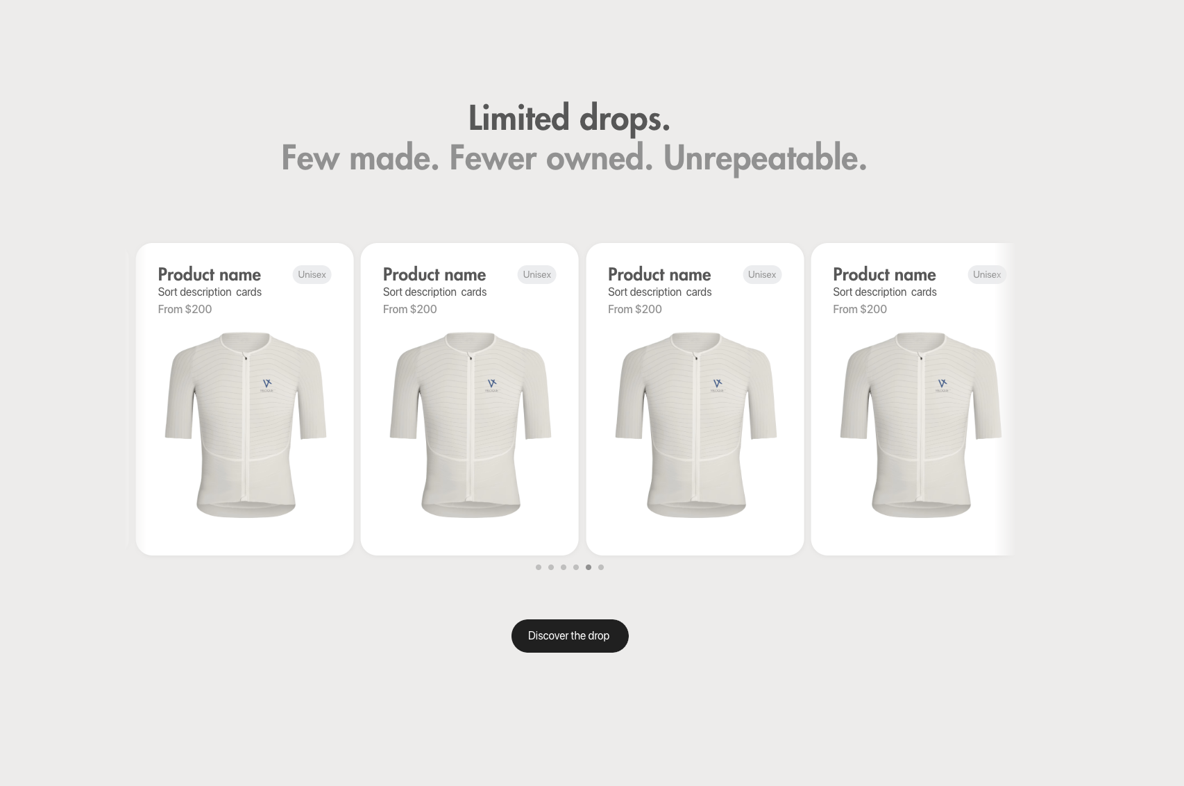VELOQUE minimalist product carousel — at most seven white cards on a grey surface