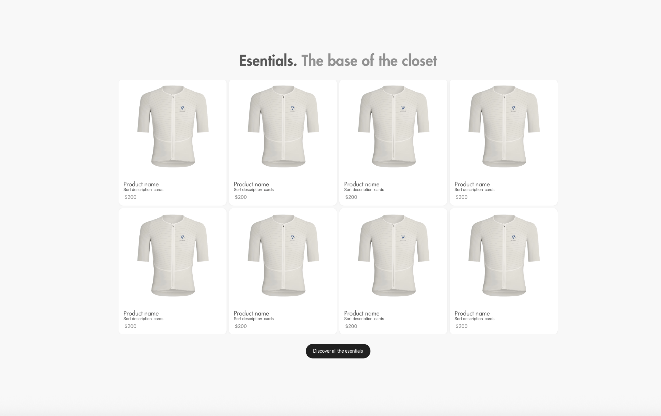 VELOQUE essentials product grid — compare-mode, three columns desktop