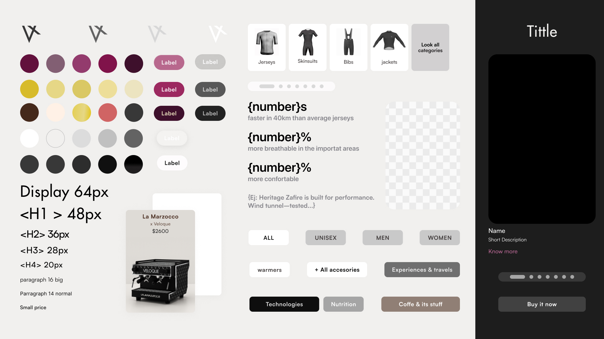 VELOQUE style sheet — typography, palette, components, scale