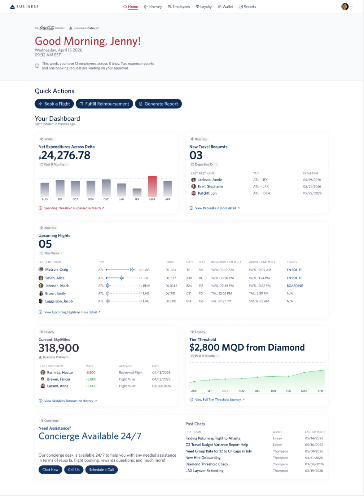 DBT Dashboard prototype — travel manager surface with requests, trips and spend