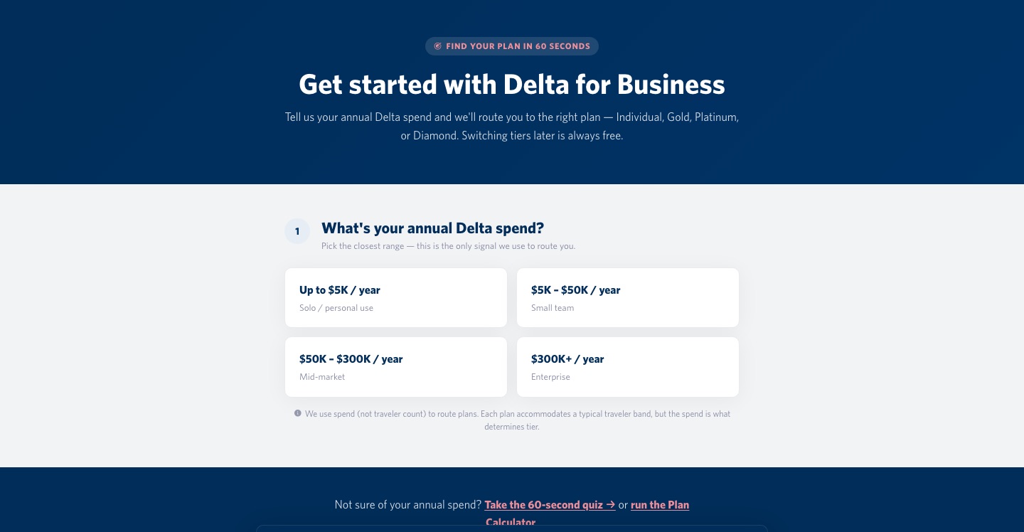Live guided selector: a 'Get started with Delta for Business' quiz that asks for the company's annual Delta spend and routes the user to the right plan tier.