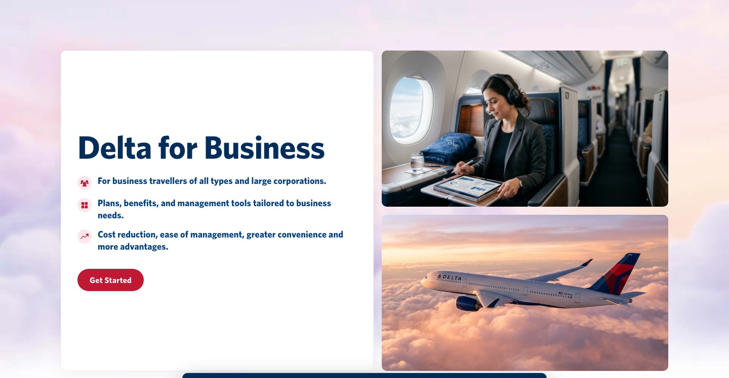 Delta for Business live homepage: a navy header nav, a 'Delta for Business' hero headline with three value props and a Get Started button, beside photos of a business traveler working in a Delta cabin and a Delta aircraft above the clouds.